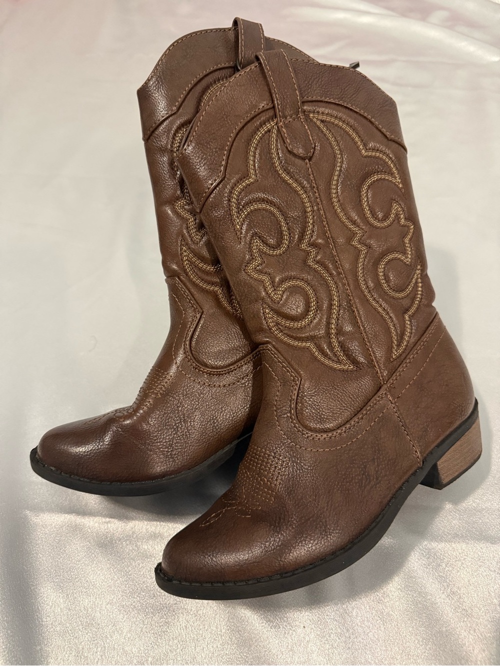 Kids Brown Western Embroidered Mid-Calf Boots 7